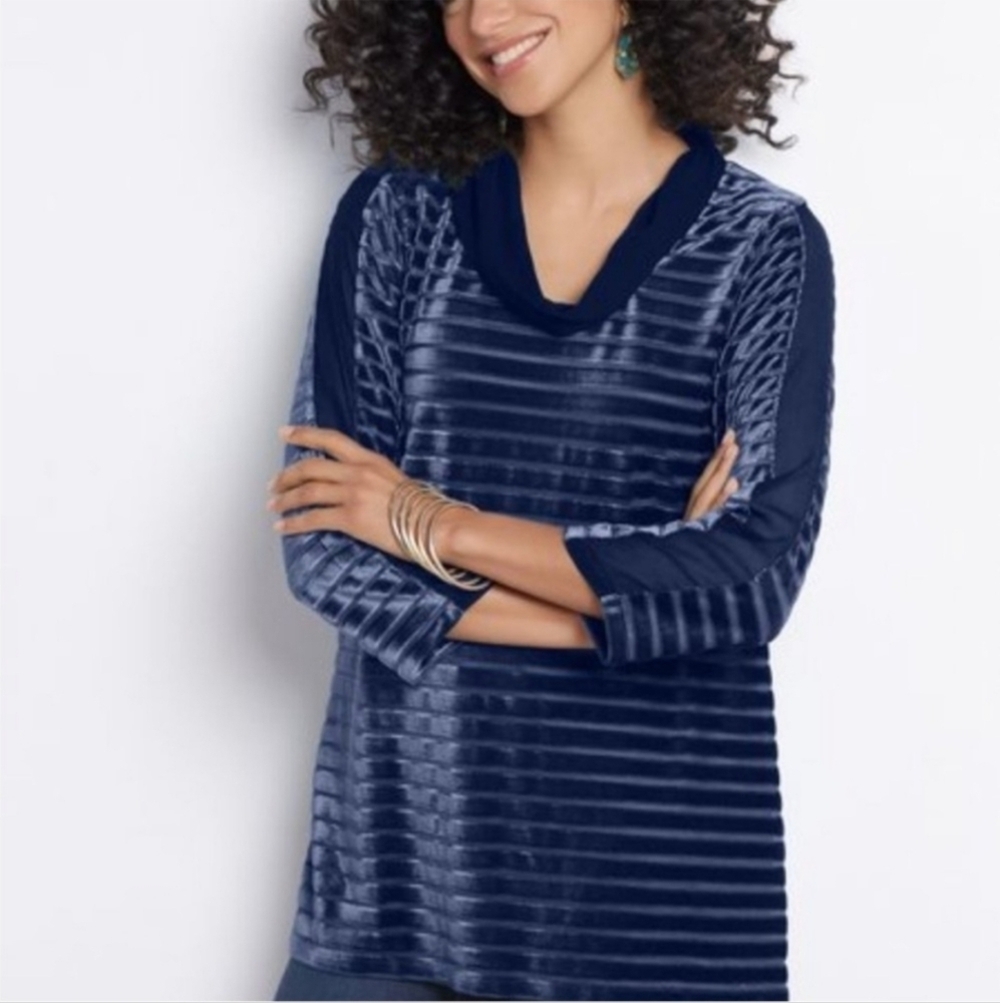 Soft Surroundings Navy Blue Meri Velvet Striped‎ Top Size XS